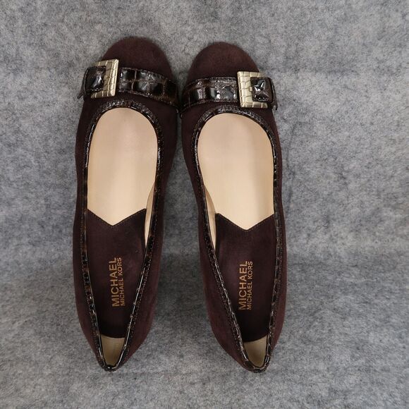 Michael Kors Shoes Women 8.5 Wedge Pump Leather Fashion Ballet Flat Brown Buckle - Picture 8 of 14